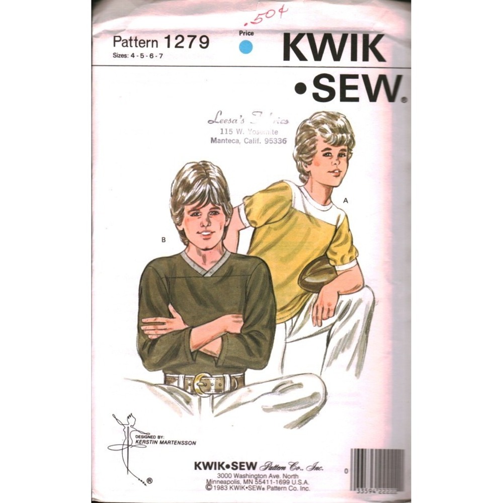 Kwik Sew 1279 Boys Football Shirt Sewing Pattern Size 4-7 Vintage 1983 Knit Top